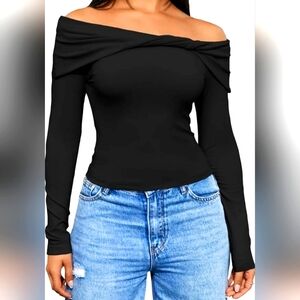 Womens Off Shoulder Long Sleeve Twist Top Slim Fit Elegant Black Blouse